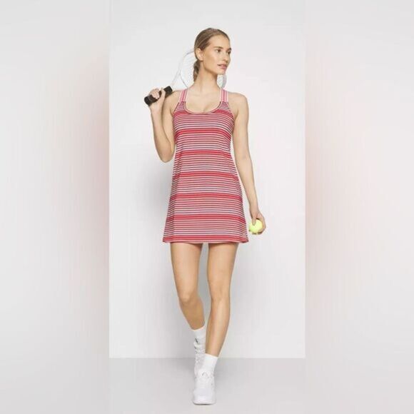 NWT EleVen Venus Williams Coral Stripe Racer Back Dress Tennis Pickleball Size S - Picture 1 of 9